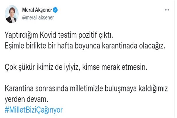 İYİ Parti Genel Başkanı Akşener, koronavirüse yakalandı