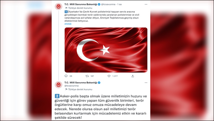 MSB'den Diyarbakır'daki saldırı için geçmiş olsun mesajı