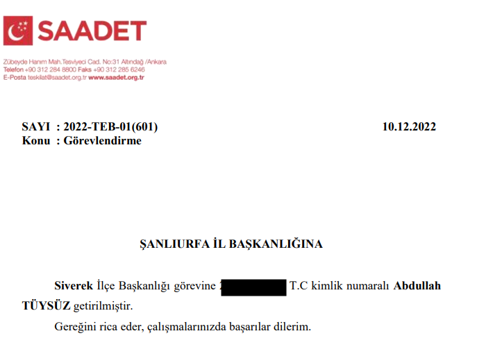 Saadet Partisi Siverek ilçe başkanlığına Abdullah Tüysüz atandı