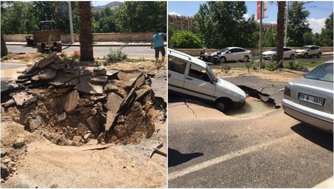 Şanlıurfa'da yol çöktü otomobil çukura düştü