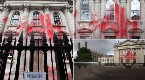 Filistin yanlısı protestocular Cambridge Üniversitesi binasını kırmızıya boyadı